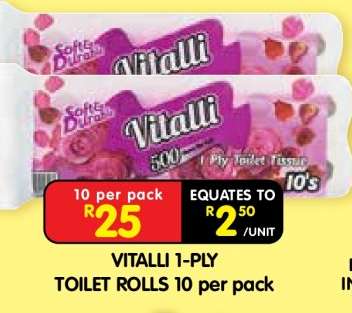 VITALLI 1-PLY TOILET ROLLS 10 per pack