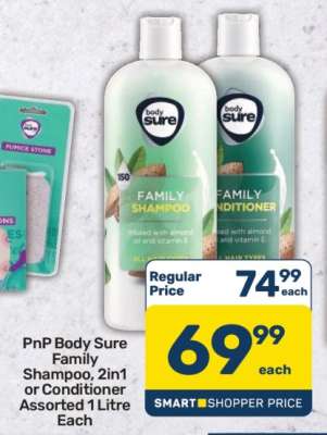PnP Body Sure Family Shampoo, 2in1 or Conditioner Assorted 1 Litre Each