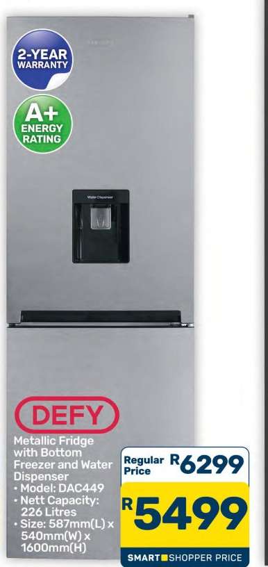 DEFY Metallic Fridge with Bottom Freezer and Water Dispenser