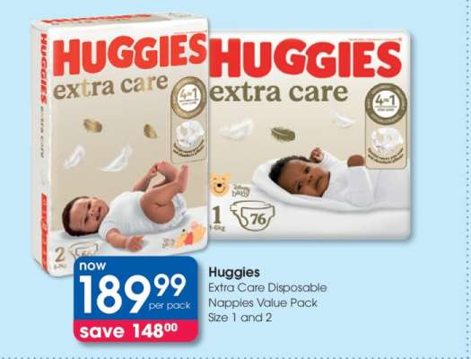 Huggies Extra Care Disposable Nappies Value Pack Size 1 and 2