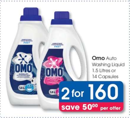 Omo Auto Washing Liquid 1.5 Litres or 14 Capsules