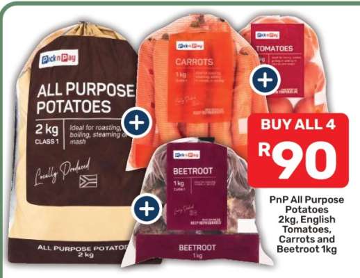 PnP All Purpose Potatoes 2kg, English Tomatoes, Carrots and Beetroot 1kg