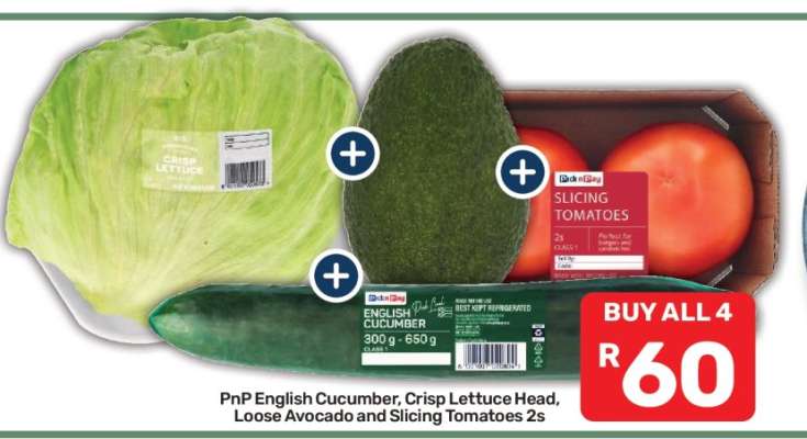 PnP English Cucumber, Crisp Lettuce Head, Loose Avocado and Slicing Tomatoes 2s