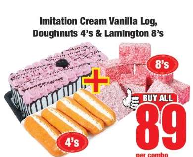 Imitation Cream Vanilla Log, Doughnuts 4's & Lamington 8's