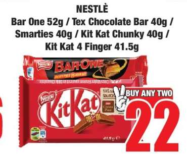NESTLÈ Bar One 52g / Tex Chocolate Bar 40g / Smarties 40g / Kit Kat Chunky 40g / Kit Kat 4 Finger 41.5g