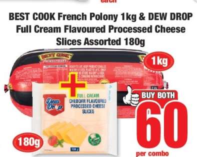 BEST COOK French Polony 1kg & DEW DROP Full Cream Flavoured Processed Cheese Slices Assorted 180g