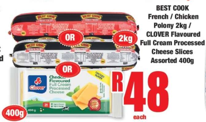 BEST COOK French / Chicken Polony 2kg / CLOVER Flavoured Full Cream Processed Cheese Slices Assorted 400g
