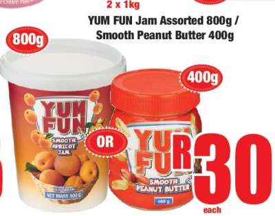 YUM FUN Jam Assorted 800g / Smooth Peanut Butter 400g