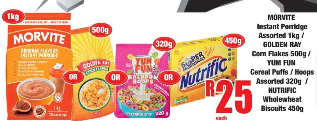 MORVITE Instant Porridge Assorted 1kg / GOLDEN RAY Corn Flakes 500g / YUM FUN Cereal Puffs / Hoops Assorted 320g / NUTRIFIC Wholewheat Biscuits 450g