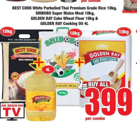 BEST COOK White Parboiled Thai Premium Grade Rice 10kg, SHIBOBO Super Maize Meal 10kg, GOLDEN RAY Cake Wheat Flour 10kg & GOLDEN RAY Cooking Oil 4L