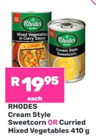 RHODES Cream Style Sweetcorn OR Curried Mixed Vegetables 410 g