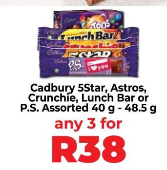 Cadbury 5Star, Astros, Crunchie, Lunch Bar or P.S. Assorted