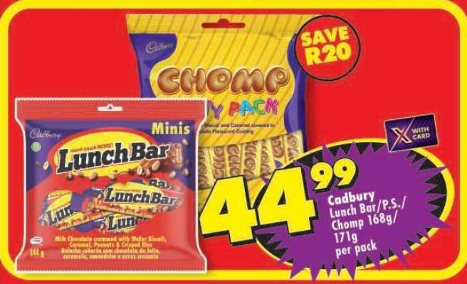 Cadbury Lunch Bar/P.S./Chomp 168g/171g per pack