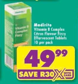 Medirite Vitamin B Complex Citrus Flavour Fizzy Effervescent Tablets 10 per pack