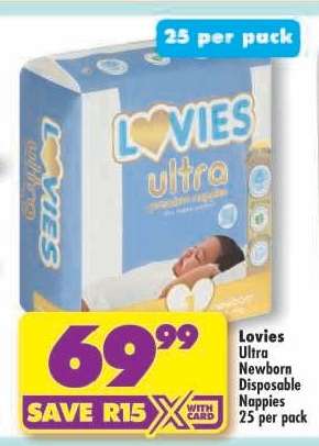 LOVIES ULTRA NEWBORN DISPOSABLE NAPPIES 25 per pack