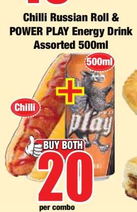 Chilli Russian Roll & POWER PLAY Energy Drink Assorted 500ml