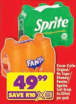 COCA-COLA ORIGINAL/NO SUGAR/STONEY/FANTA/SPRITE SOFT DRINK 6x300ml per pack