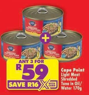 CAPE POINT LIGHT MEAT SHREDDED TUNA IN OIL/WATER 170g