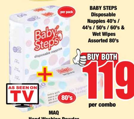 BABY STEPS Disposable Nappies 40's / 44's / 50's / 60's & Wet Wipes Assorted 80's