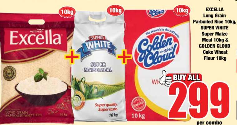 EXCELLA Long Grain Parboiled Rice 10kg, SUPER WHITE Super Maize Meal 10kg & GOLDEN CLOUD Cake Wheat Flour 10kg