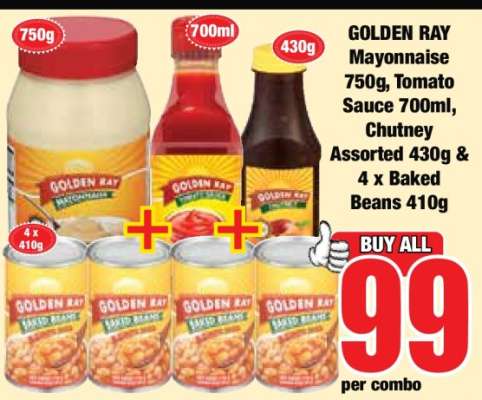 GOLDEN RAY Mayonnaise 750g, Tomato Sauce 700ml, Chutney Assorted 430g & 4 x Baked Beans 410g