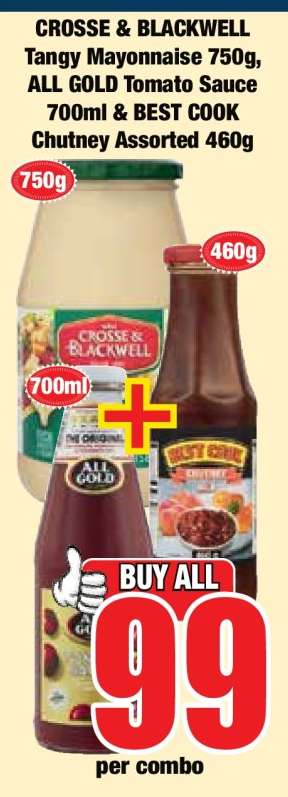 CROSSE & BLACKWELL Tangy Mayonnaise 750g, ALL GOLD Tomato Sauce 700ml & BEST COOK Chutney Assorted 460g