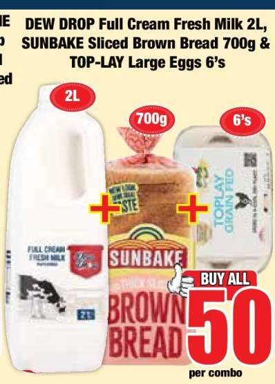 DEW DROP Full Cream Fresh Milk 2L, SUNBAKE Sliced Brown Bread 700g & TOP-LAY Large Eggs 6's