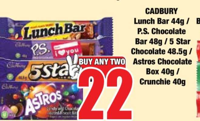 CADBURY Lunch Bar 44g / P.S. Chocolate Bar 48g / 5 Star Chocolate 48.5g / Astros Chocolate Box 40g / Crunchie 40g