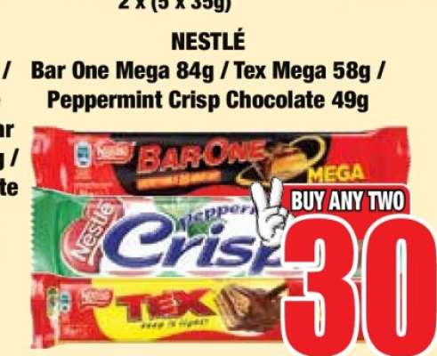 NESTLÉ Bar One Mega 84g / Tex Mega 58g / Peppermint Crisp Chocolate 49g