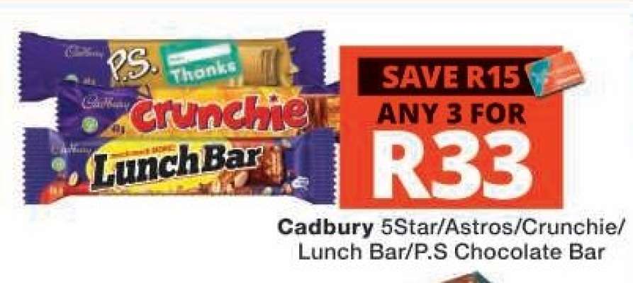 Cadbury 5Star/Astros/Crunchie/Lunch Bar/P.S. Chocolate Bar