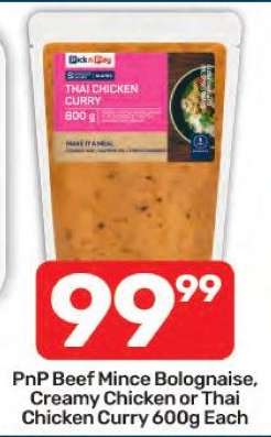 PnP Beef Mince Bolognaise, Creamy Chicken or Thai Chicken Curry 600g Each