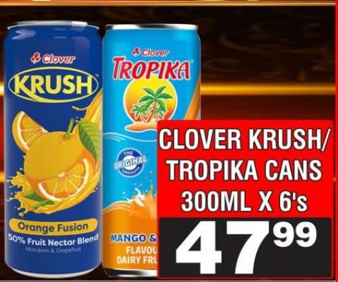CLOVER KRUSH/TROPIKA CANS 300ML X 6's