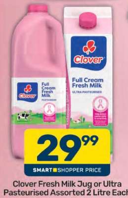 Clover Fresh Milk Jug or Ultra Pasteurised Assorted 2 Litre Each
