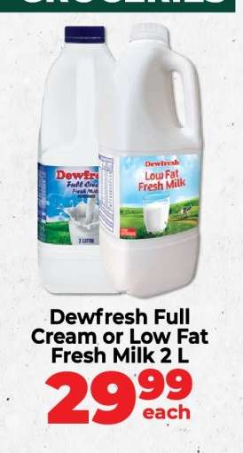 Dewfresh Full Cream or Low Fat Fresh Milk 2 L