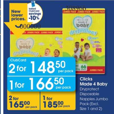Clicks Made 4 Baby Dryprotect Disposable Nappies Jumbo Pack (Excl. Size 1 and 2)