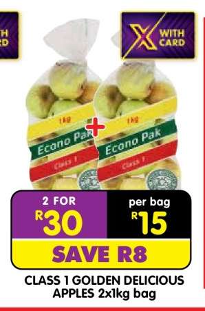 CLASS 1 GOLDEN DELICIOUS APPLES 2x1kg bag