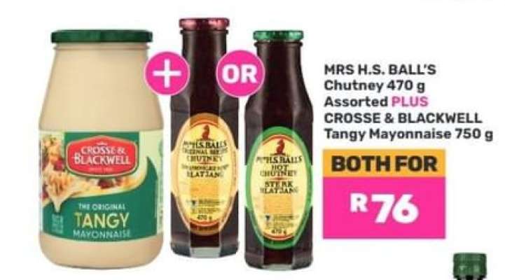 MRS H.S. BALL'S Chutney 470 g Assorted PLUS CROSSE & BLACKWELL Tangy Mayonnaise 750 g