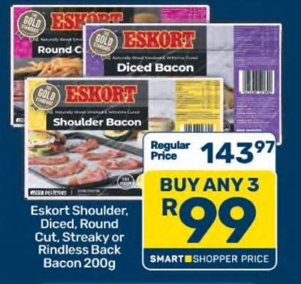 Eskort Shoulder, Diced, Round Cut, Streaky or Rindless Back Bacon 200g