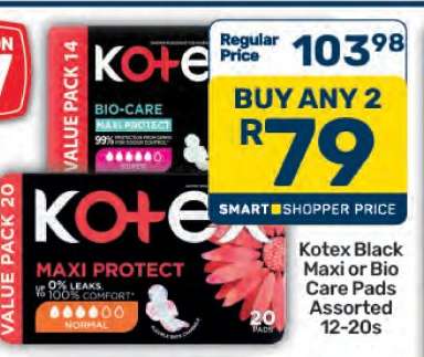 Kotex Black Maxi or Bio Care Pads Assorted 12-20s