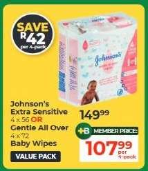 Johnson's Extra Sensitive 4 x 56 OR Gentle All Over 4 x 72 Baby Wipes