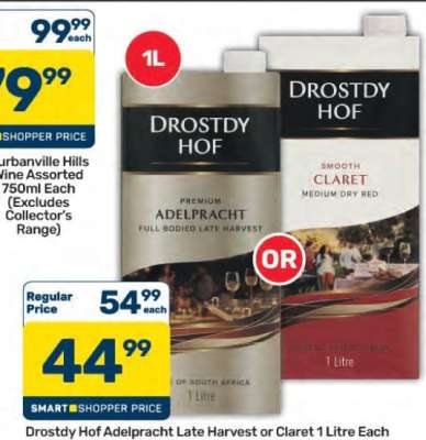Drostdy Hof Adelpracth Late Harvest or Claret 1 Litre Each