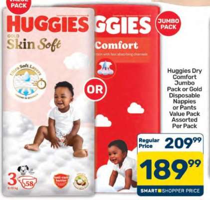 Huggies Dry Comfort Jumbo Pack or Gold Disposable Nappies or Pants