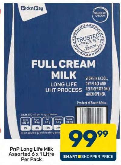 PnP Long Life Milk Assorted 6 x 1 Litre Per Pack