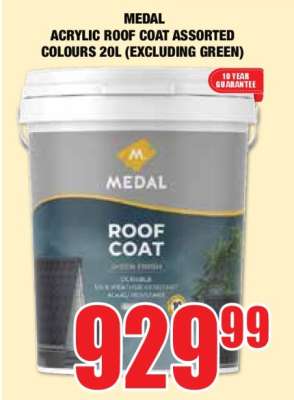 MEDAL ACRYLIC ROOF COAT ASSORTED COLOURS 20L (EXCLUDING GREEN)