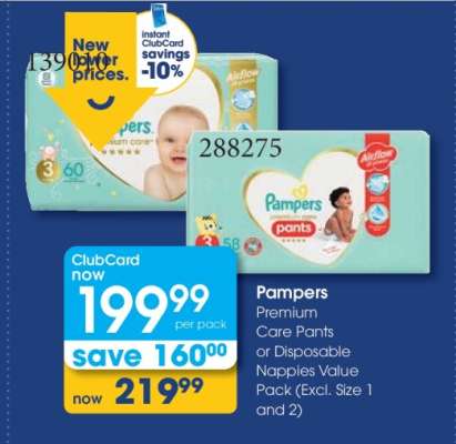 Pampers Premium Care Pants or Disposable Nappies Value Pack (Excl. Size 1 and 2)