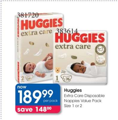 Huggies Extra Care Disposable Nappies Value Pack Size 1 or 2