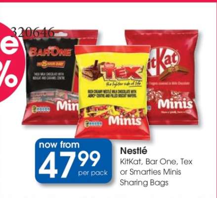 Nestlé KitKat, Bar One, Tex or Smarties Minis Sharing Bags