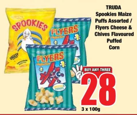 TRUDA Spookies Maize Puffs Assorted / Flyers Cheese & Chives Flavoured Puffed Corn