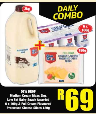 DEW DROP Medium Cream Maas 2kg, Low Fat Dairy Snack Assorted 6 x 100g & Full Cream Flavoured Processed Cheese Slices 180g