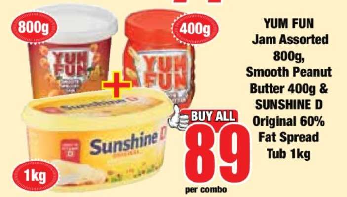 YUM FUN Jam Assorted 800g, Smooth Peanut Butter 400g & SUNSHINE D Original 60% Fat Spread Tub 1kg